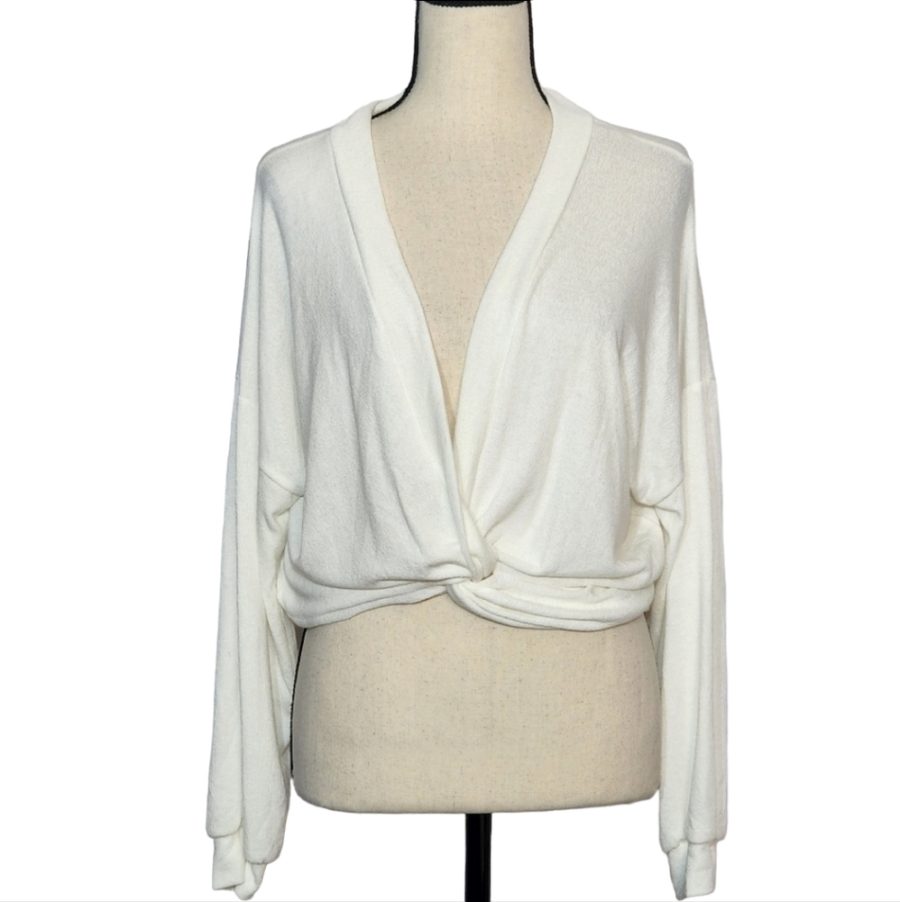 Wasabi + Mint | Ivory Deep V-Neck Front Knot Sweater